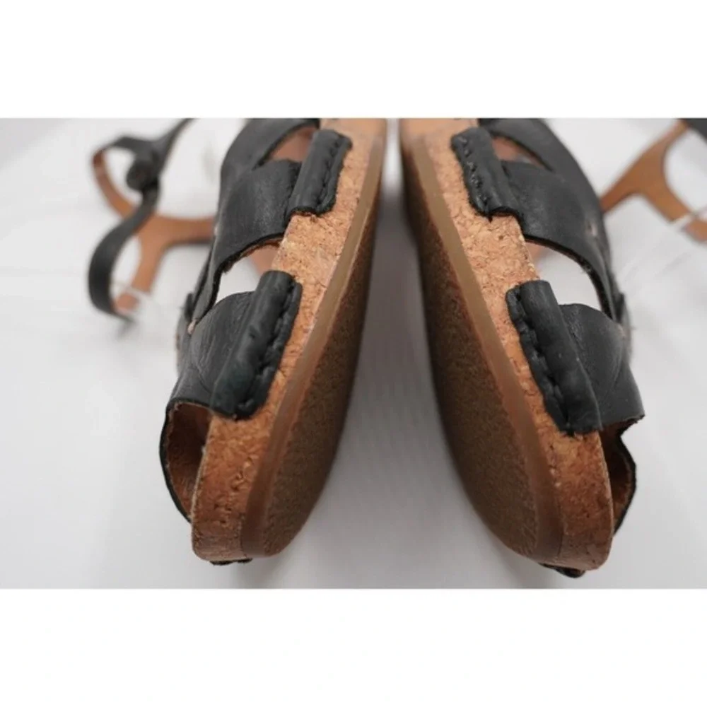 Clarks Artisan Black Leather Cork‎ Wedge Sandals Strappy Shoes 11 Vacation 34-05